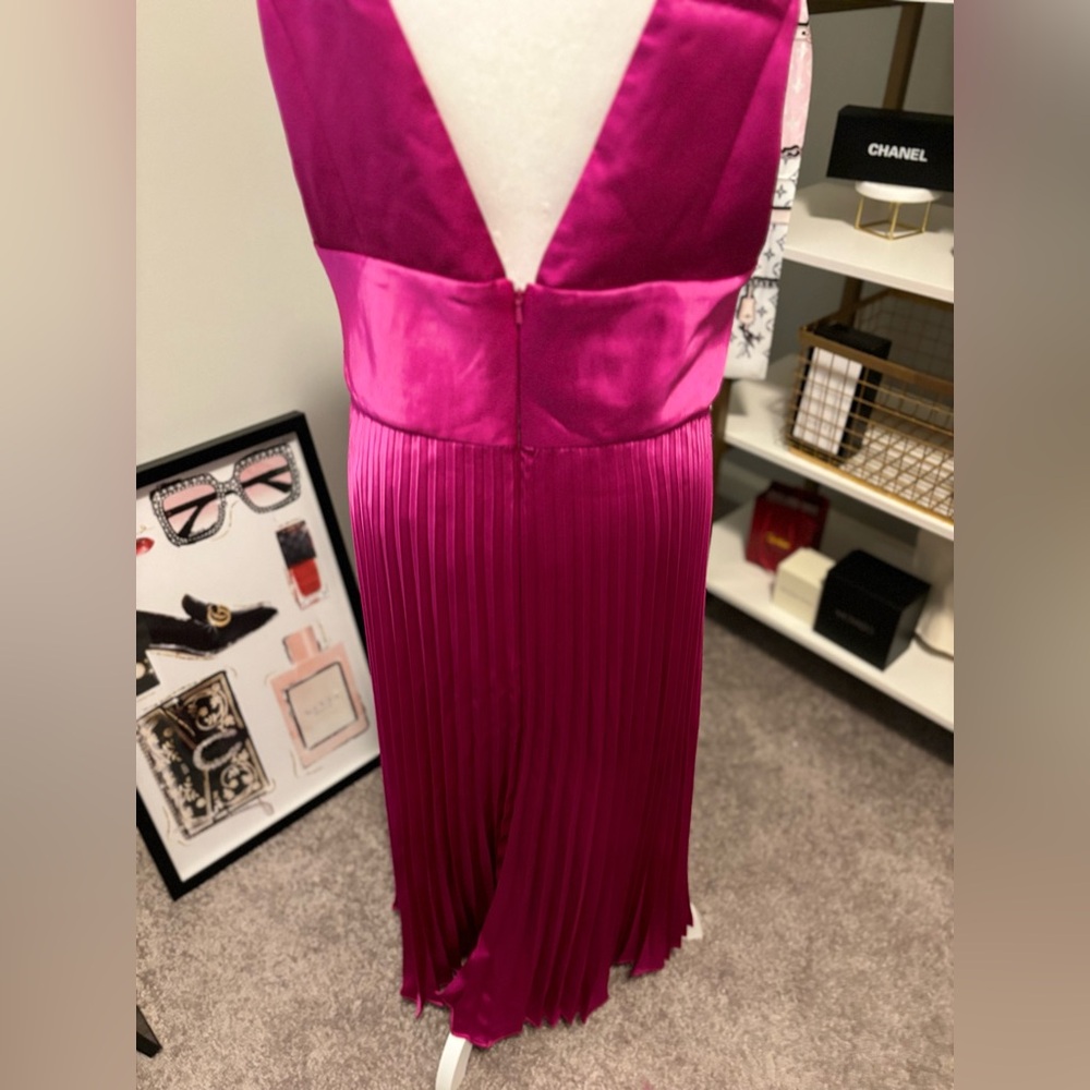 Amsale Deep Plunge Front & Back Midi Dress Pleated Skirt Bright Pink 16 NWT - Picture 10 of 12